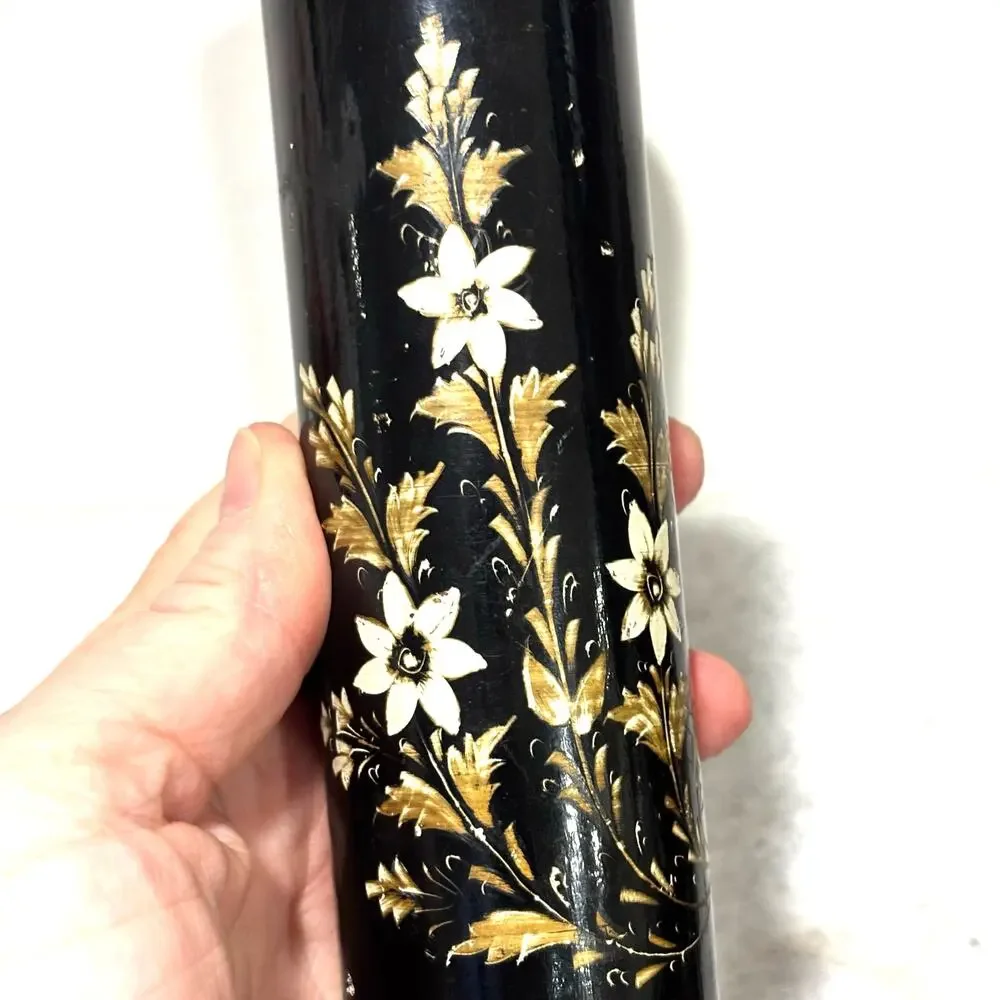 Wooden candle holders black lacquer Asian style gold & white cherry tree motif